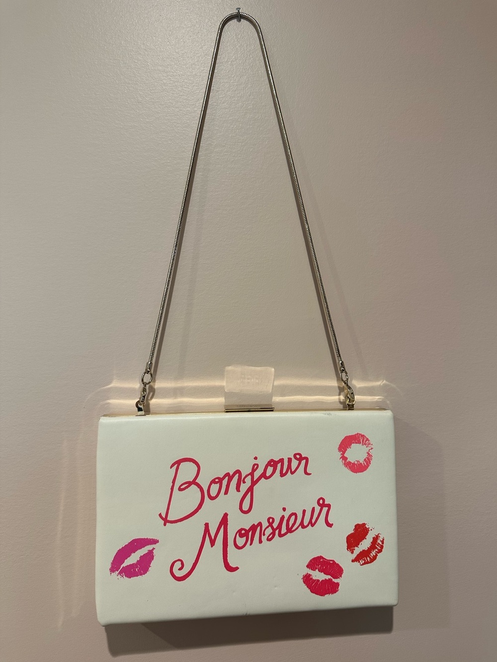 Kate Spade ivory rectangular “Bonjour Monsieur” clutch (w/ strap)